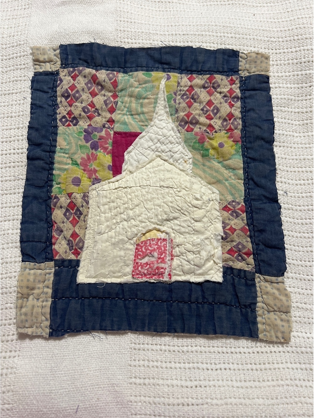 Vintage Quilted Wall Hanging with Church Design Patchwork